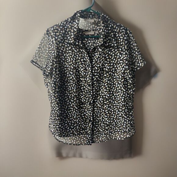 Croft & Barrow Tank Blouse set Womens Large Black Tan White Dot Semi Sheer - Picture 1 of 8